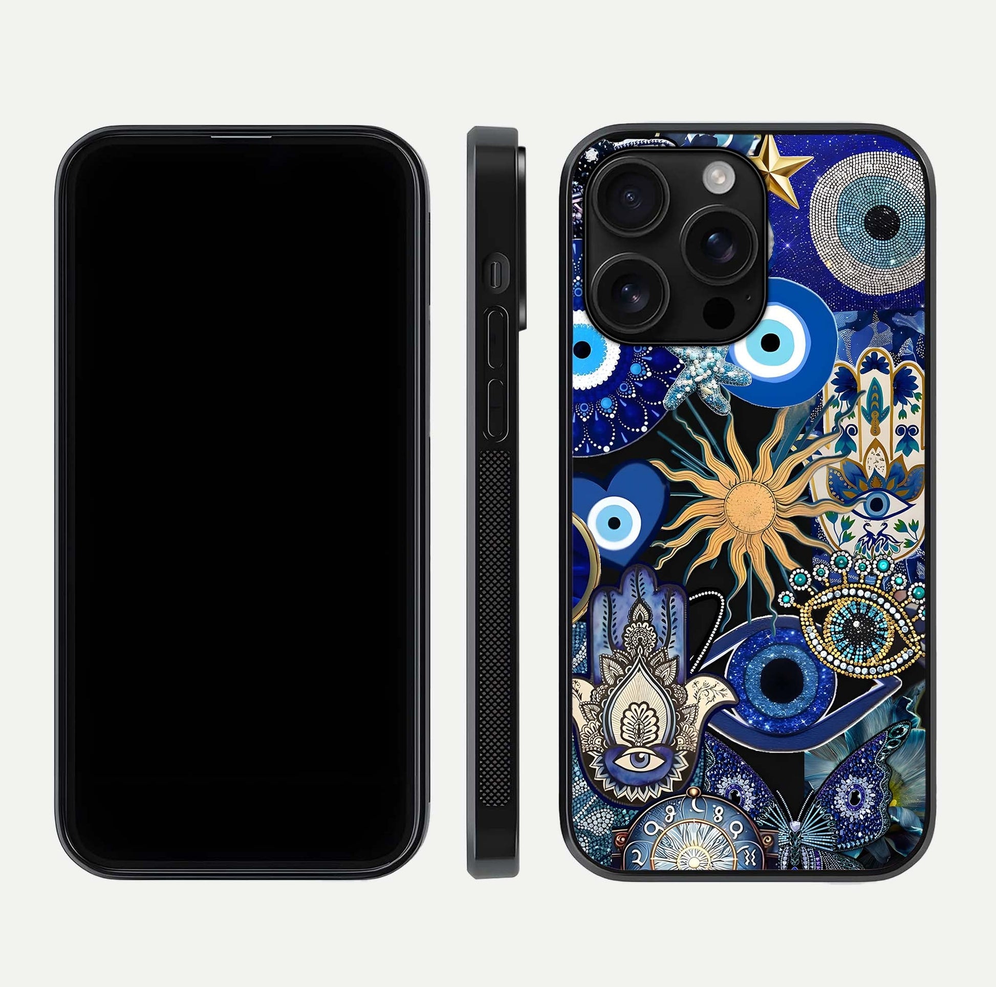 Mystic Blue Evil Eye Glass Case for iPhone 16 Pro Max front & back layout showing elegant tones and edge finish
