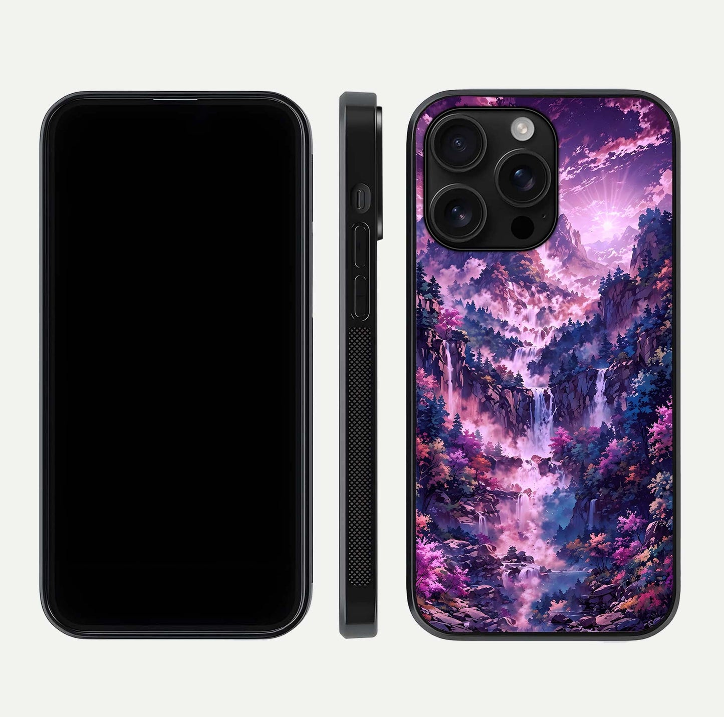 Mystic Cascade Peaks Glass Case for iPhone 16 Pro Max front & back layout highlighting HD landscape tones