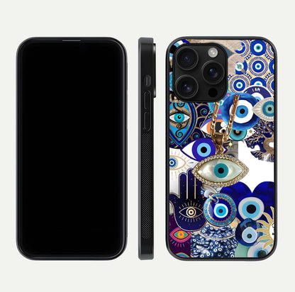 Mystic Charm Eye Glass Case for iPhone 16 Pro Max front & back layout highlighting spiritual design and edges