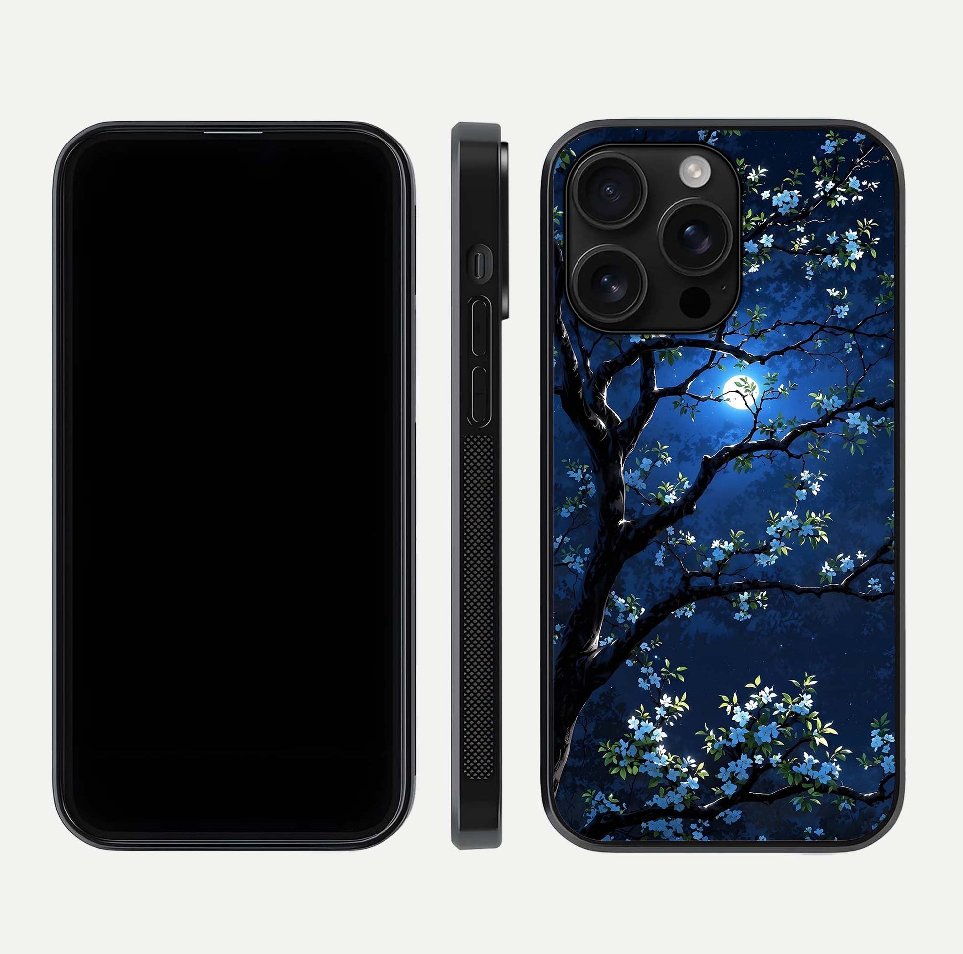 Mystic Floral Night Glass Case for iPhone 16 Pro Max front & back layout showing elegant floral art and smooth edges