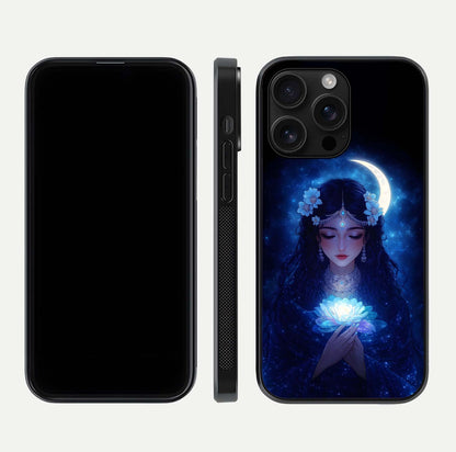 Mystic Moon Queen Glass Case for iPhone 16 Pro Max front & back layout highlighting divine illustration and edges