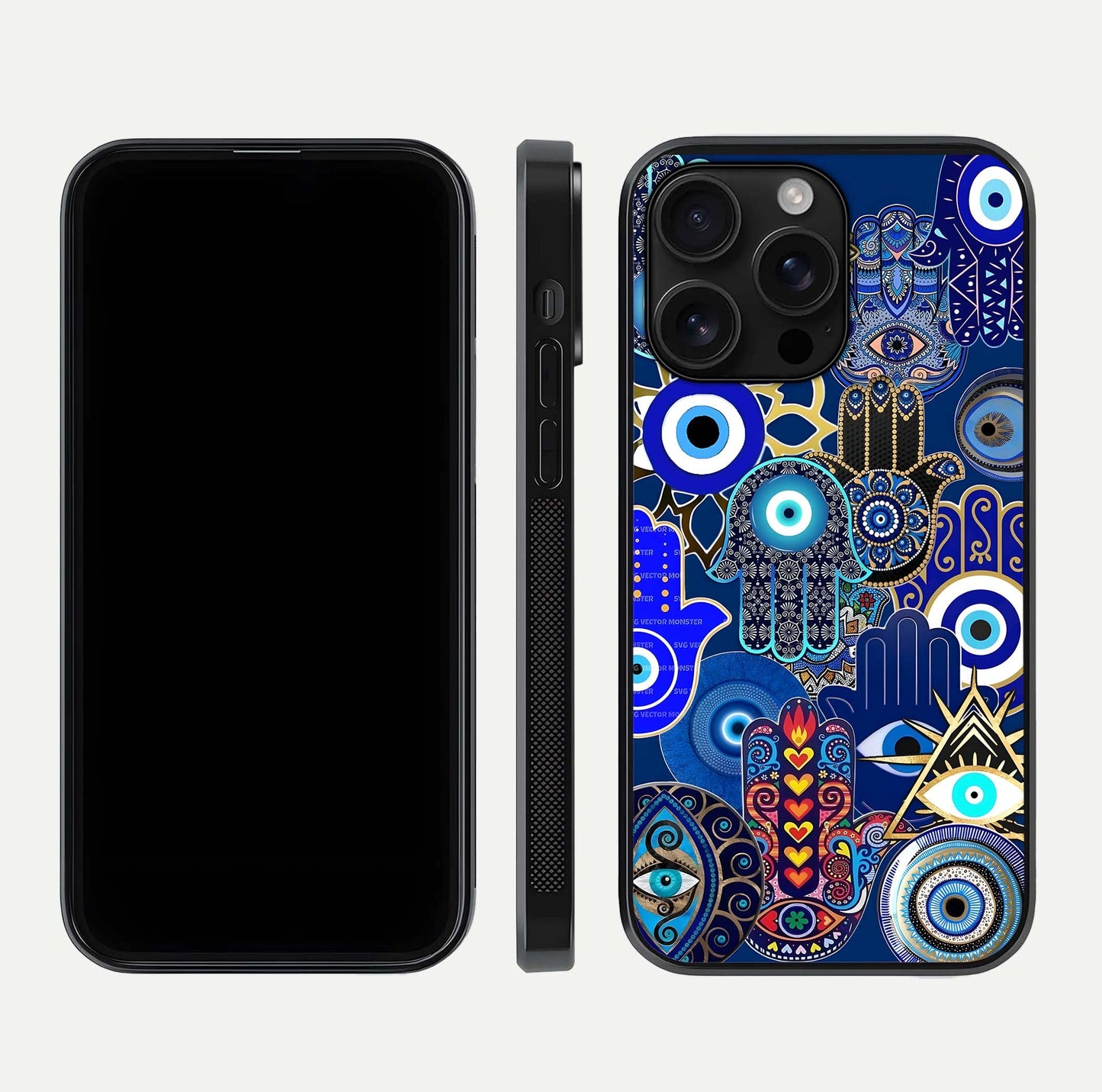 Mystic Palm Guard Glass Case for iPhone 16 Pro Max front & back layout highlighting spiritual art and edge finish