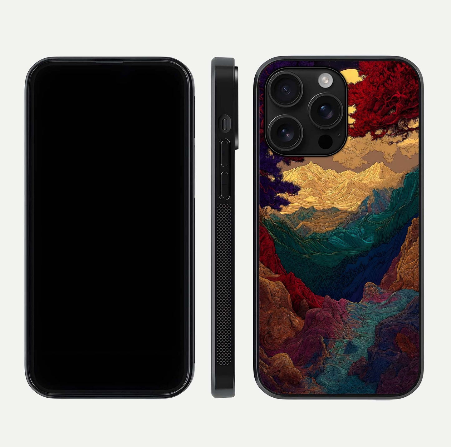 Mystic Valley Light Glass Case for iPhone 16 Pro Max front & back layout displaying landscape tones and edges
