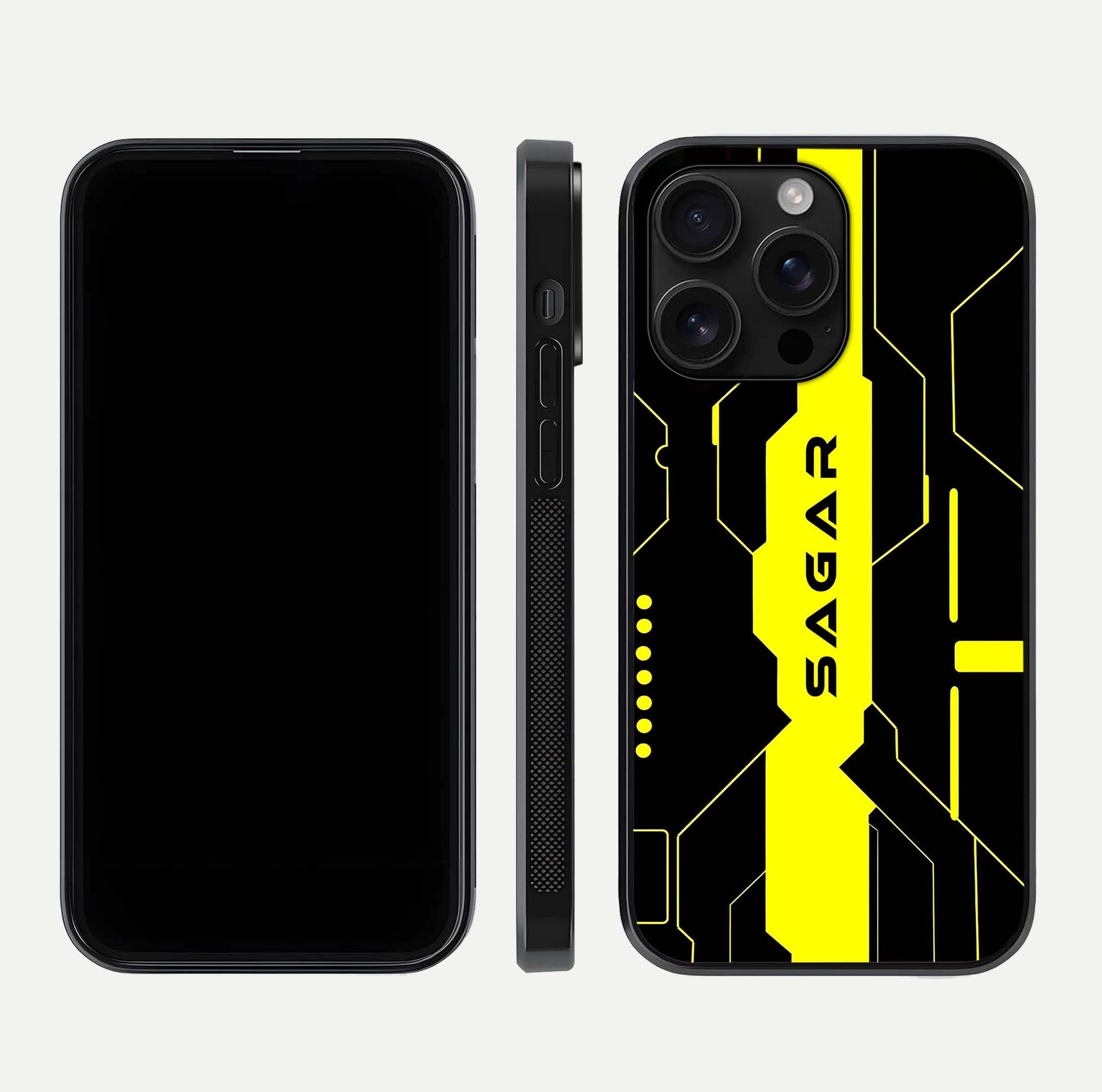 Neon CYBERPUNK Custom Name Glass Case for iPhone 16 Pro Max front & back layout showing tech art and custom edge