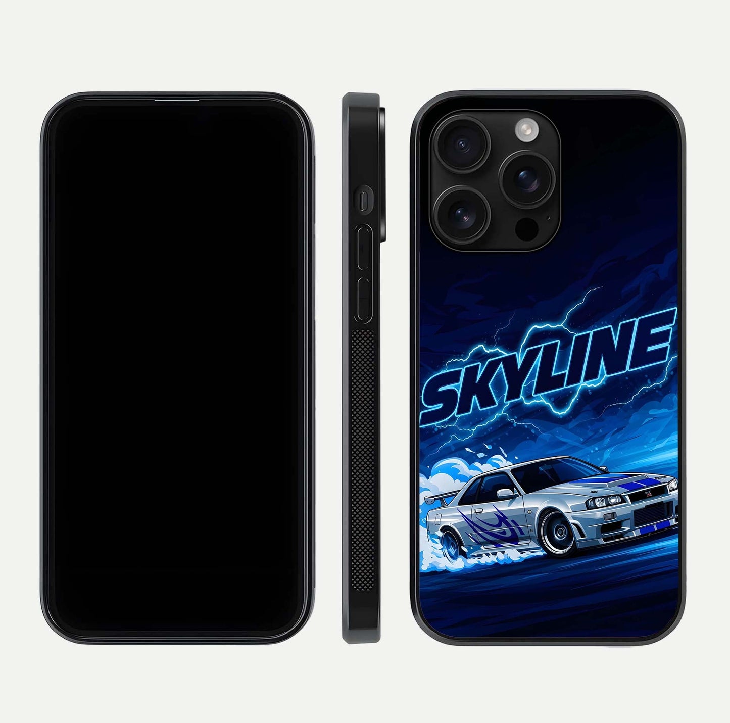Neon Drift Beast Glass Case for iPhone 16 Pro Max front & back layout showing car silhouette and edge design