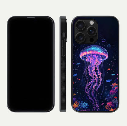 Neon Jellyfish Glass Case for iPhone 16 Pro Max front & back layout highlighting HD marine art and curved edges