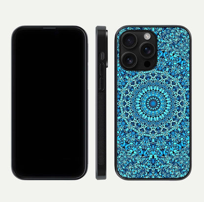 Ocean Bloom Mandala Glass Case for iPhone 16 Pro Max front & back layout showing ocean tone design and edges