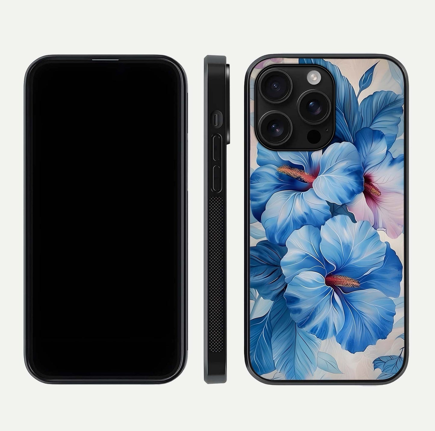Ocean Hibiscus Grace Glass Case for iPhone 16 Pro Max front & back layout showing vibrant oceanic tones and curves