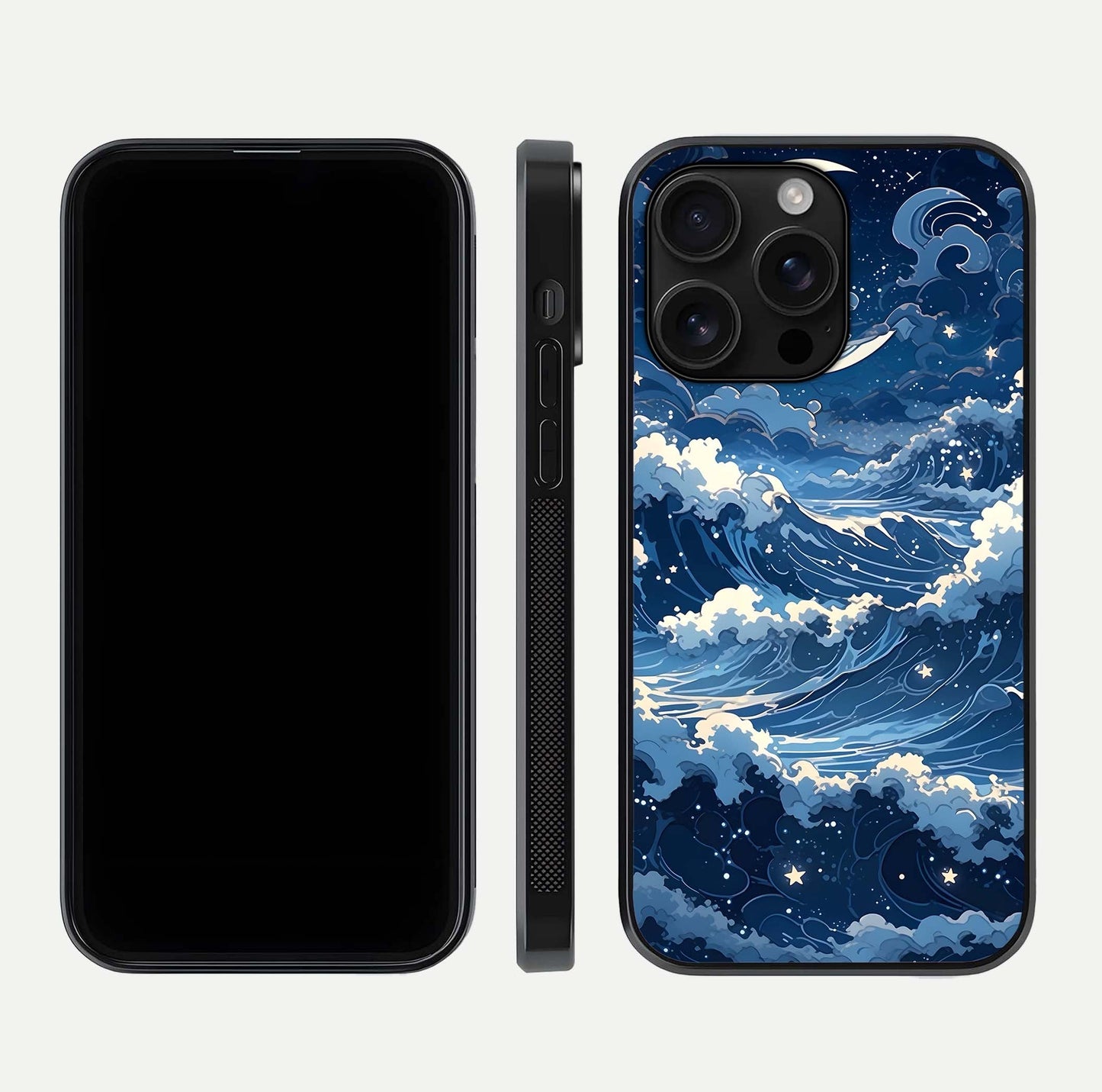 Ocean Moon Waves Glass Case for iPhone 16 Pro Max front & back layout highlighting water flow and smooth edges