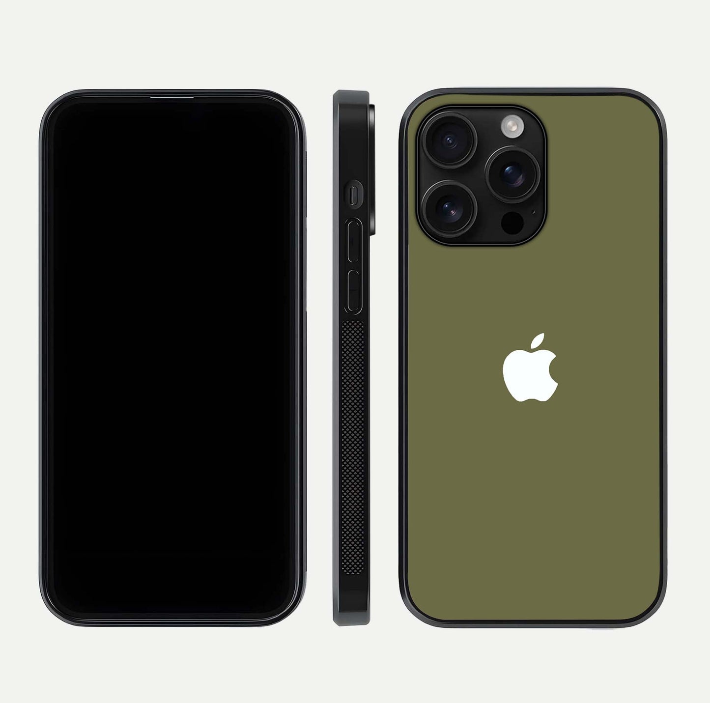 Olive Matte Essence Glass Case for iPhone 16 Pro Max front & back layout highlighting simple design and clean edges