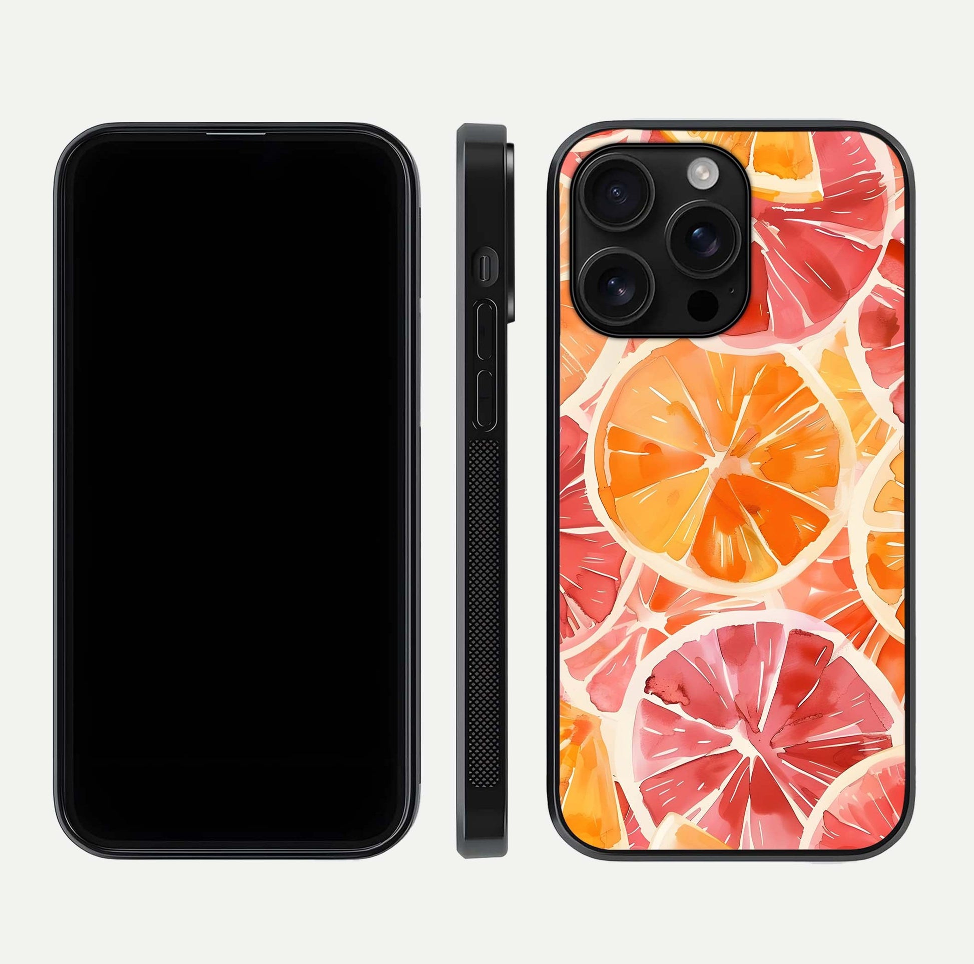 Orange Fruits Pattern Glass Case for iPhone 16 Pro Max front & back layout highlighting bright colors and clean edges