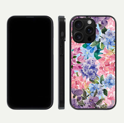 Pastel Floral Mix Glass Case for iPhone 16 Pro Max front & back layout showing gentle tones and elegant edges