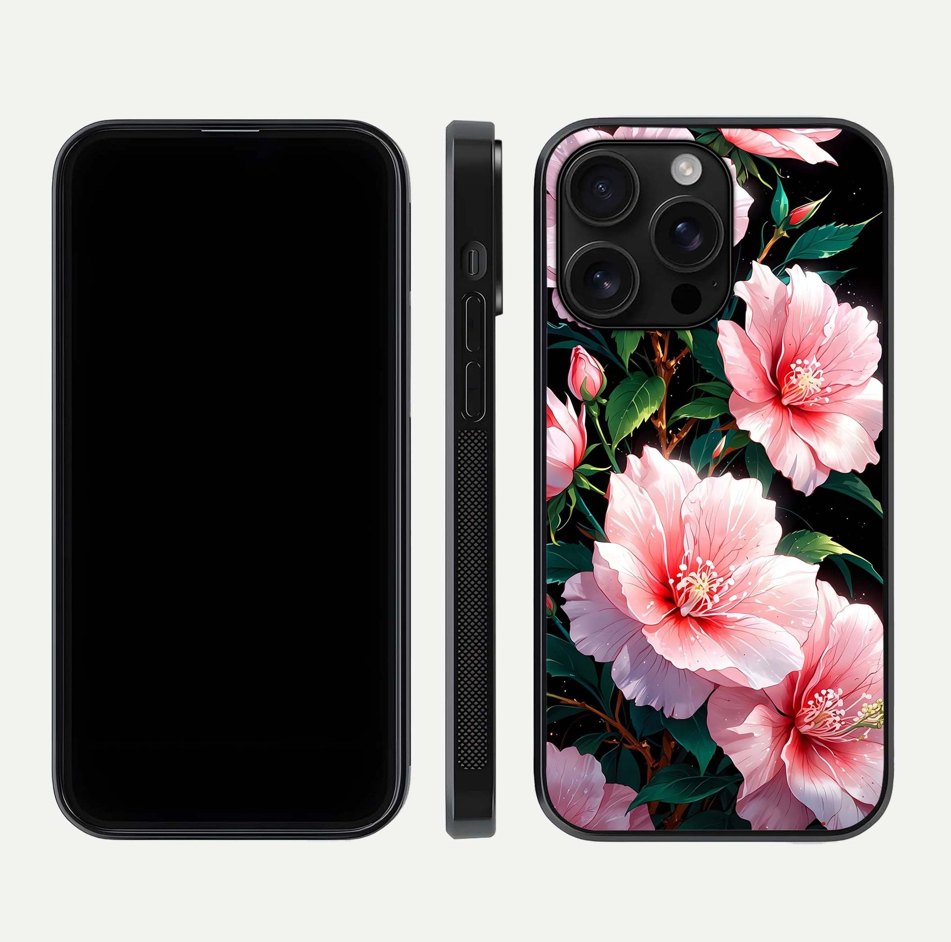 Peach Flower Glass Case for iPhone 16 Pro Max front & back layout showing elegant floral tones and smooth edges