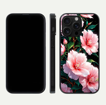 Peach Flower Glass Case for iPhone 16 Pro Max front & back layout showing elegant floral tones and smooth edges
