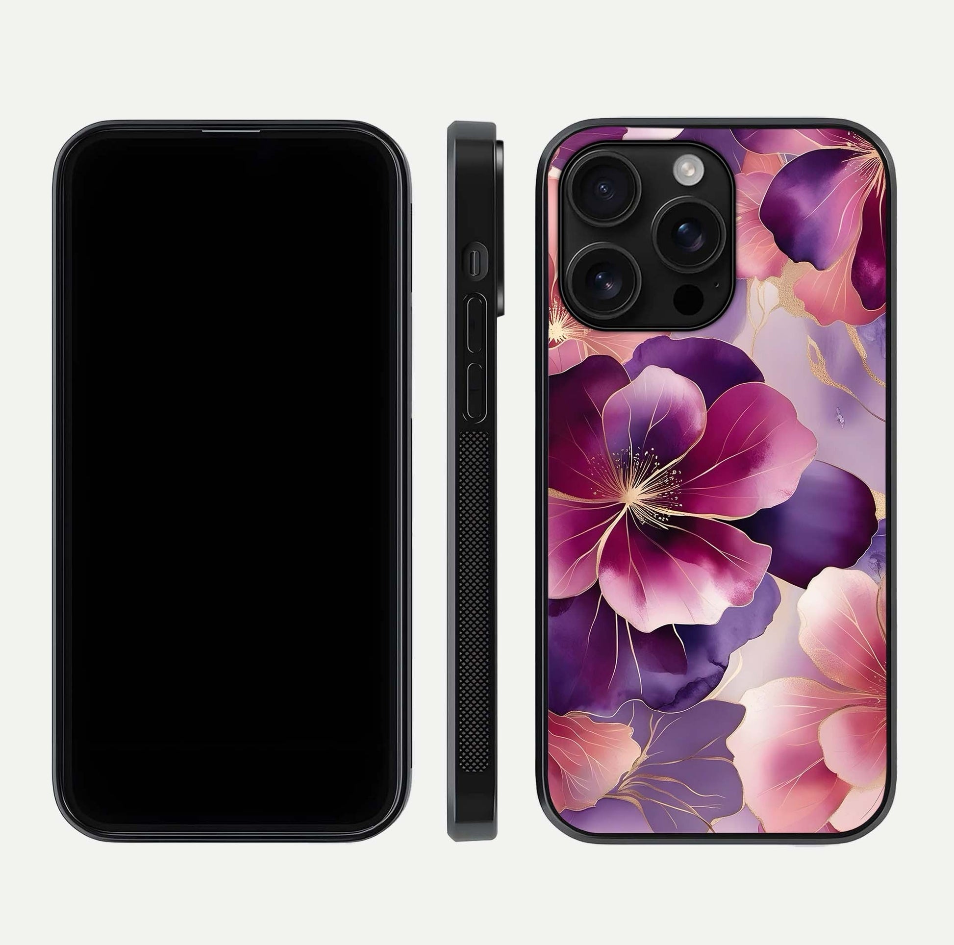 Pink Bouquet Florals Glass Case for iPhone 16 Pro Max front & back layout highlighting vivid petals and smooth edges