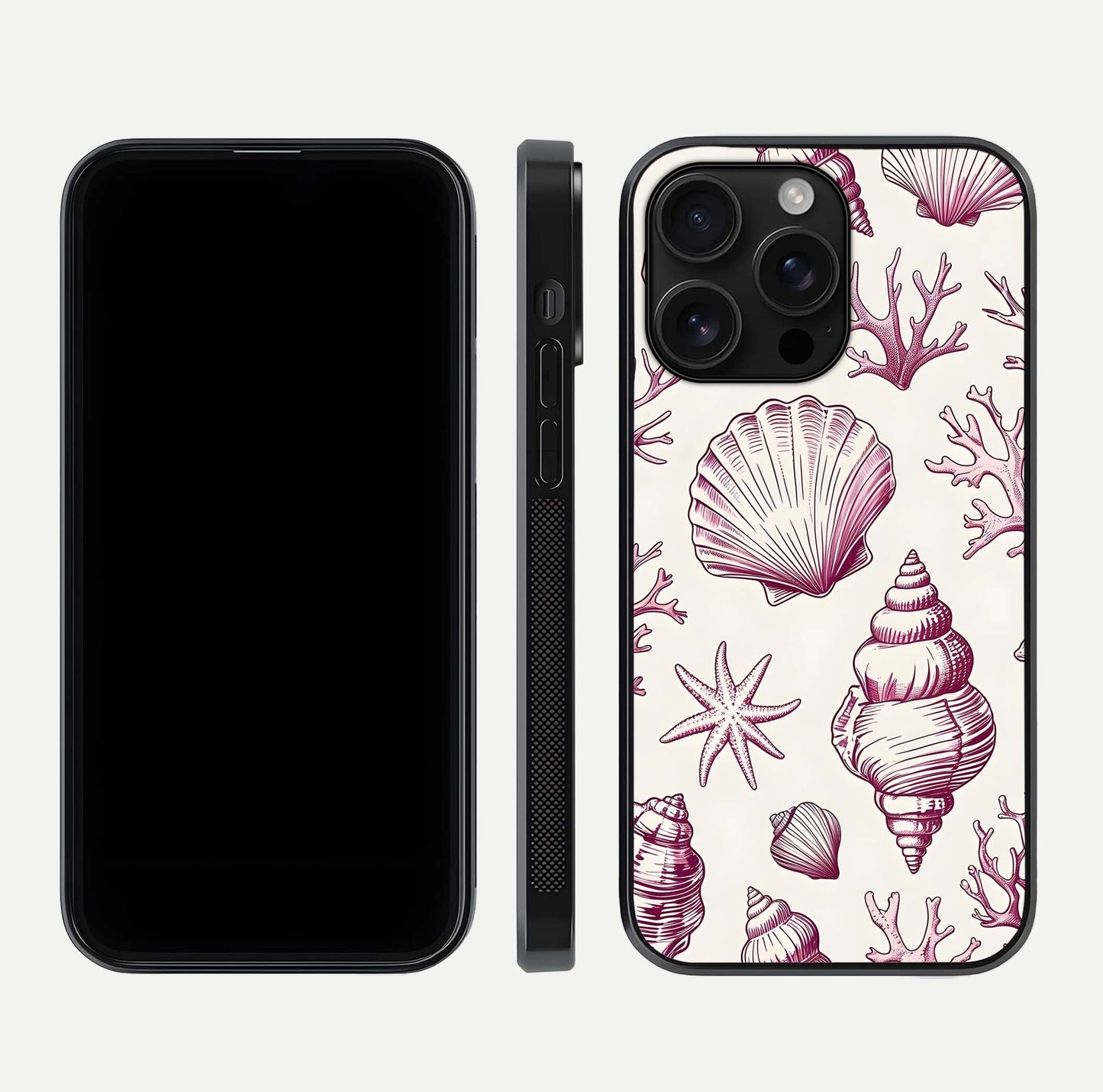 Pink Shells Outline Glass Case for iPhone 16 Pro Max front & back layout showing soft pastel tones and edge design