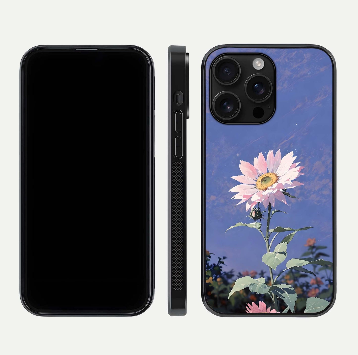Pink Sunflower Glow Glass Case for iPhone 16 Pro Max front & back layout showing HD tones and bright finish