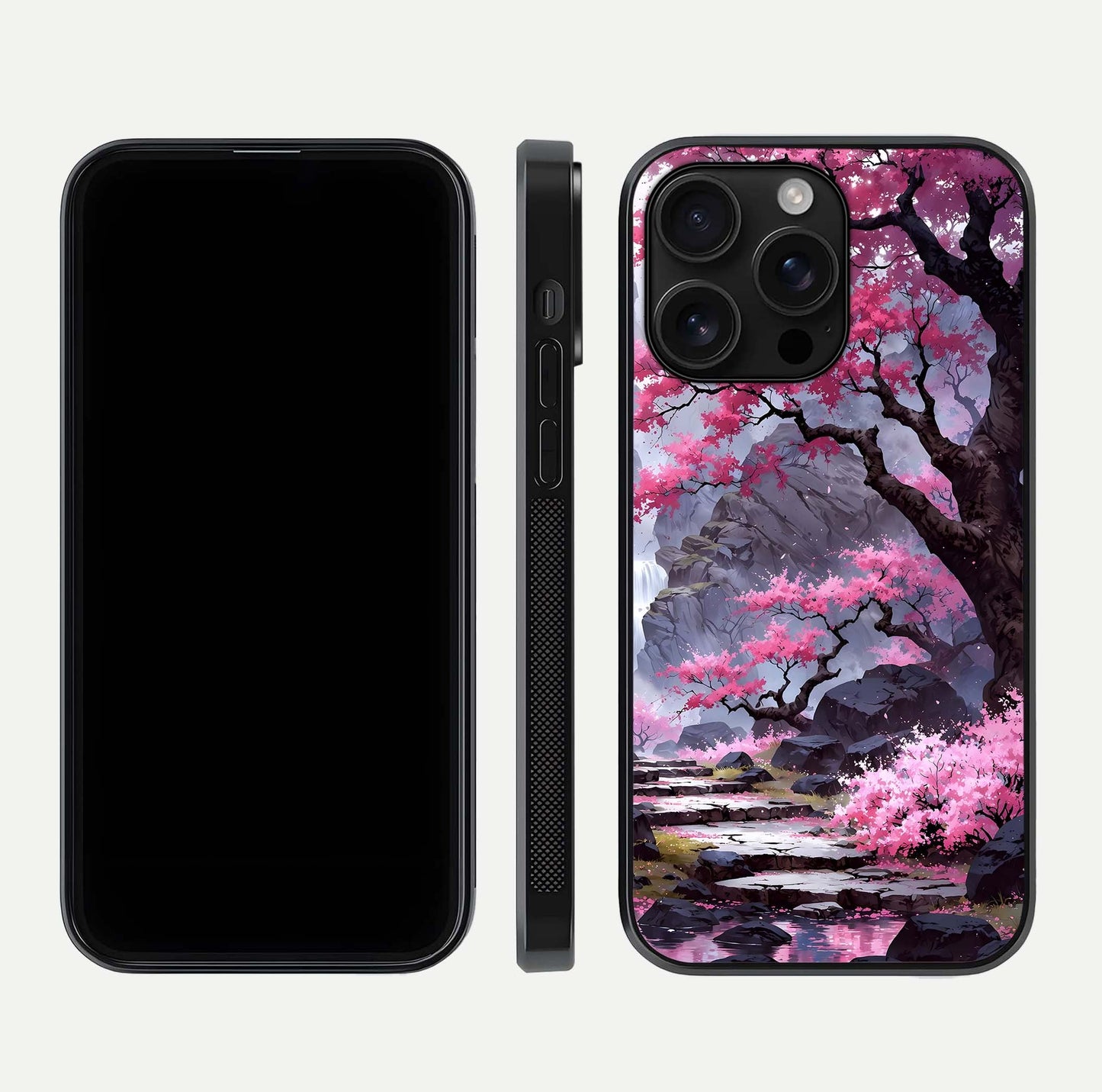 Pinkish Scenery Glass Case for iPhone 16 Pro Max front & back layout showing landscape art and curved edge finish