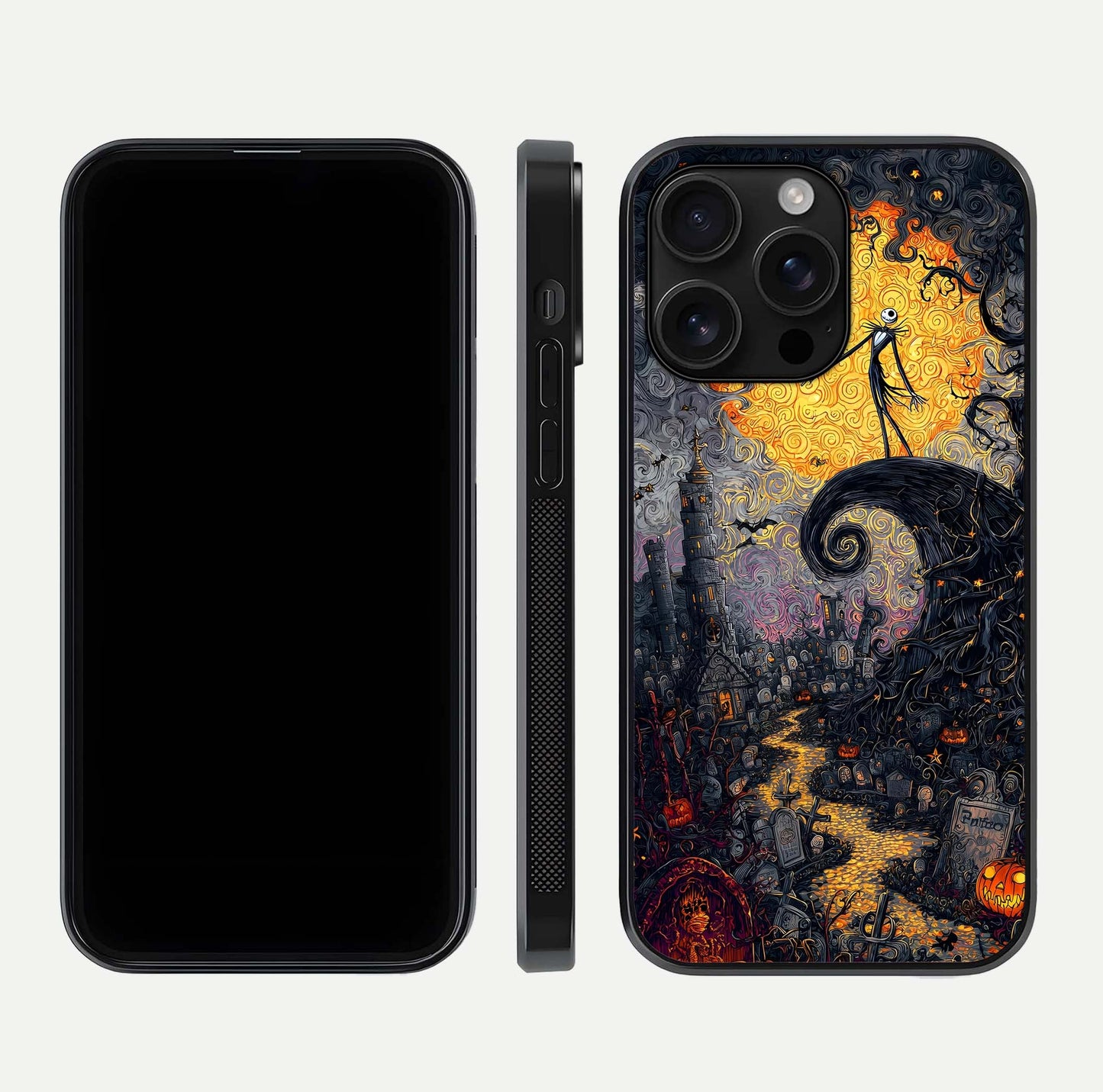 Pumpkin Moon Night Glass Case for iPhone 16 Pro Max front & back layout highlighting festive tones and smooth edges