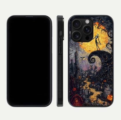 Pumpkin Moon Night Glass Case for iPhone 16 Pro Max front & back layout highlighting festive tones and smooth edges