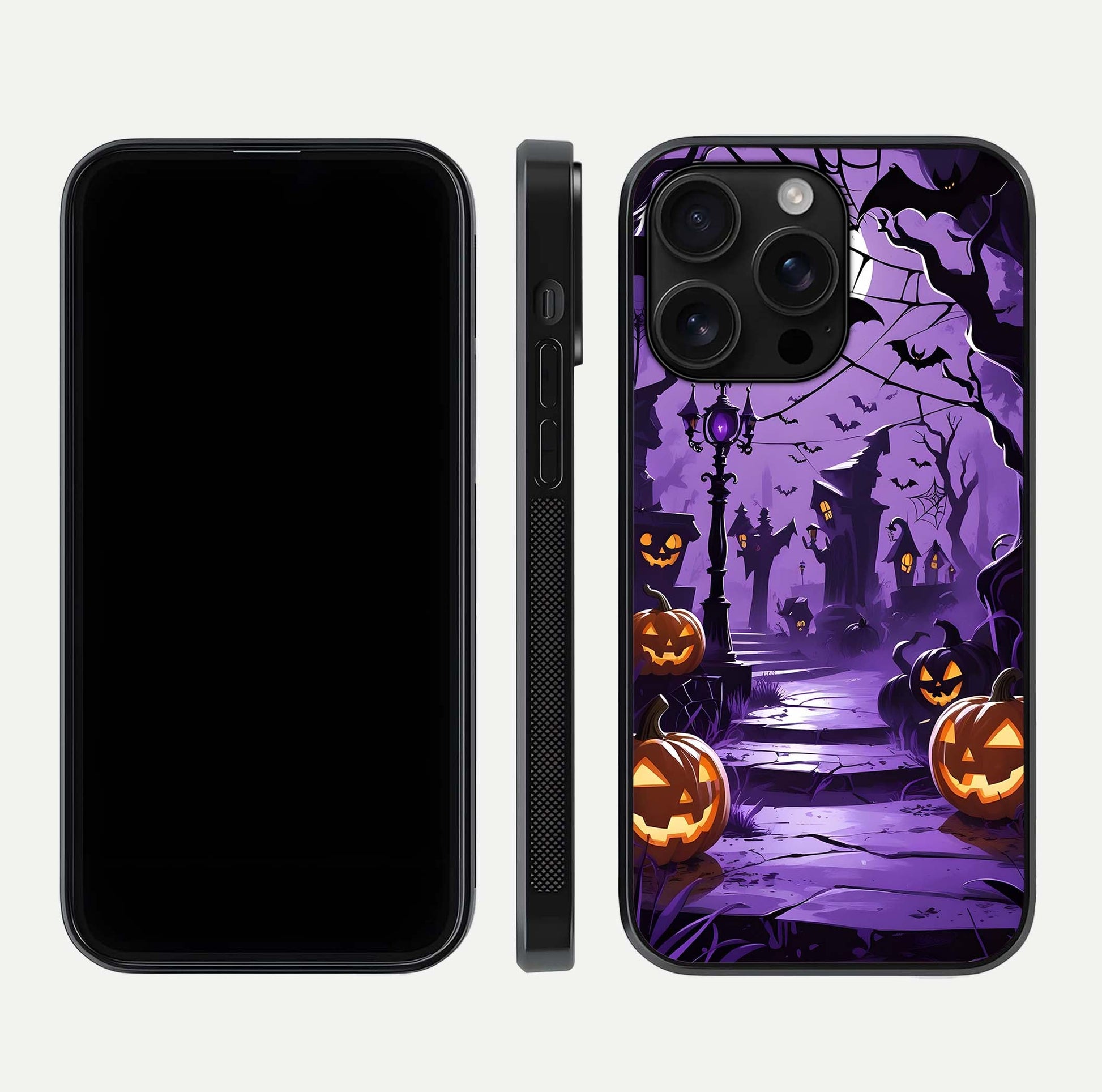 Pumpkin Patch Halloween Glass Case for iPhone 16 Pro Max front & back layout showing festive Halloween print