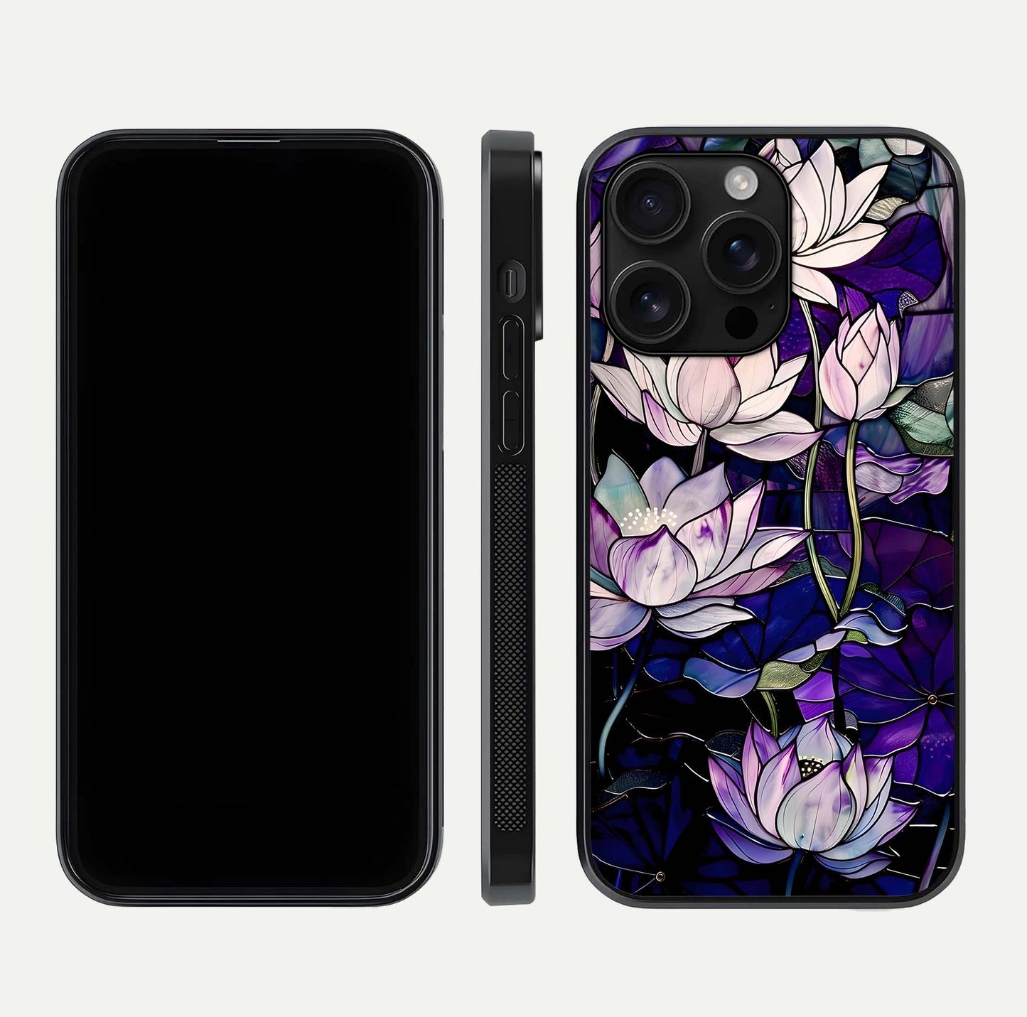 Purple Lotus Pattern Glass Case for iPhone 16 Pro Max front & back layout highlighting floral tones and soft edges