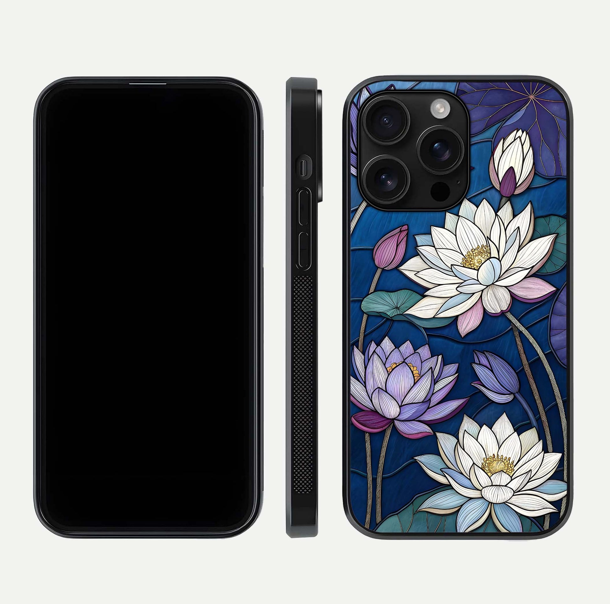 Purple Lotus Stained Glass Case for iPhone 16 Pro Max front & back layout showing bright tones and smooth edge finish