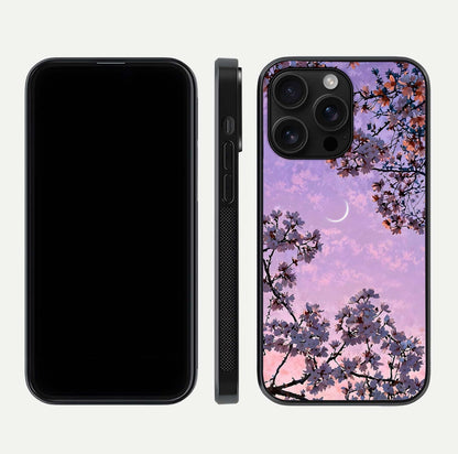 Purple Serenity Moon Glass Case for iPhone 16 Pro Max front & back layout highlighting celestial tones and curves