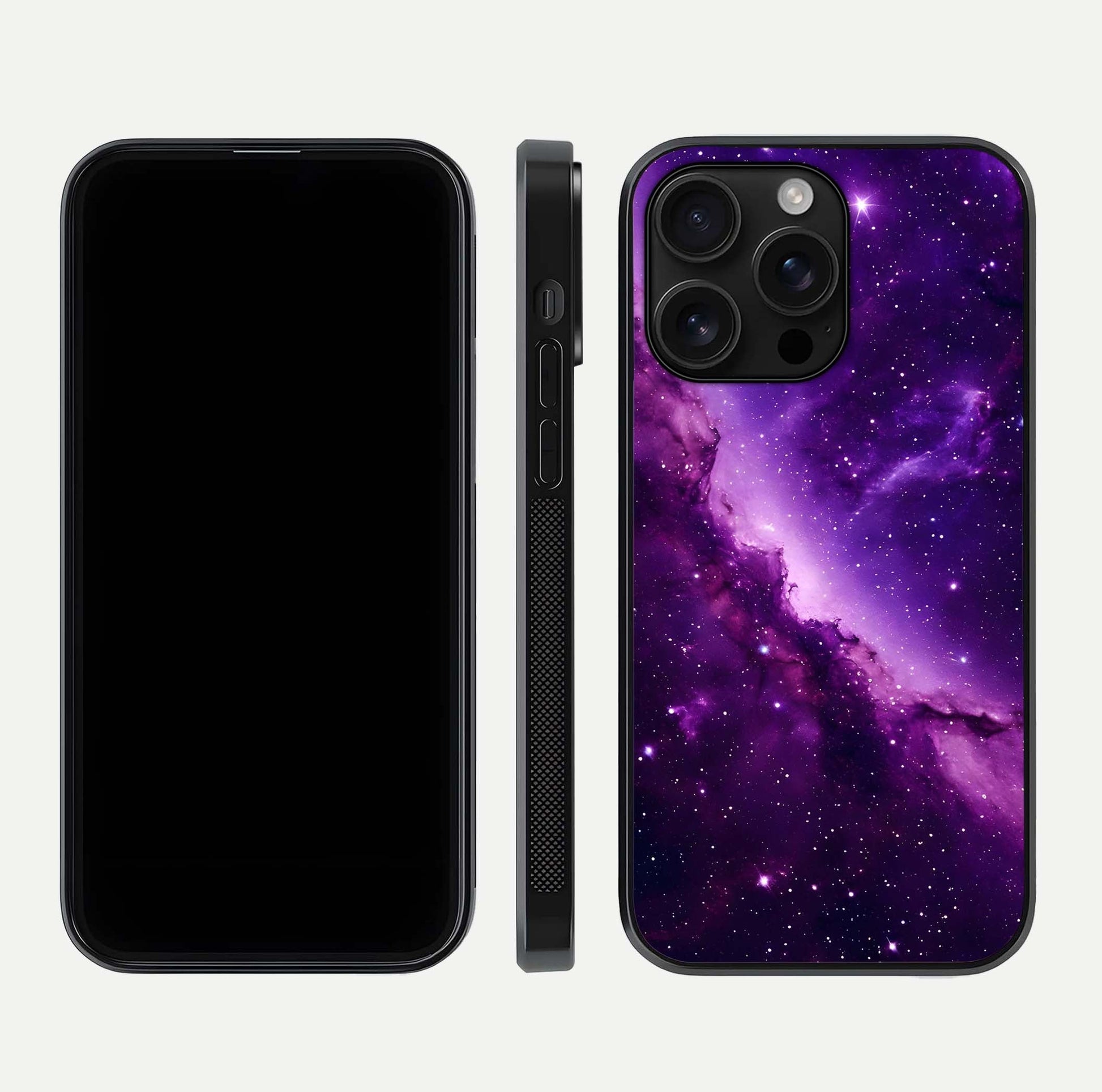 Purple Shade Sky Glass Case for iPhone 16 Pro Max front & back layout showing HD tones and clean glass edges