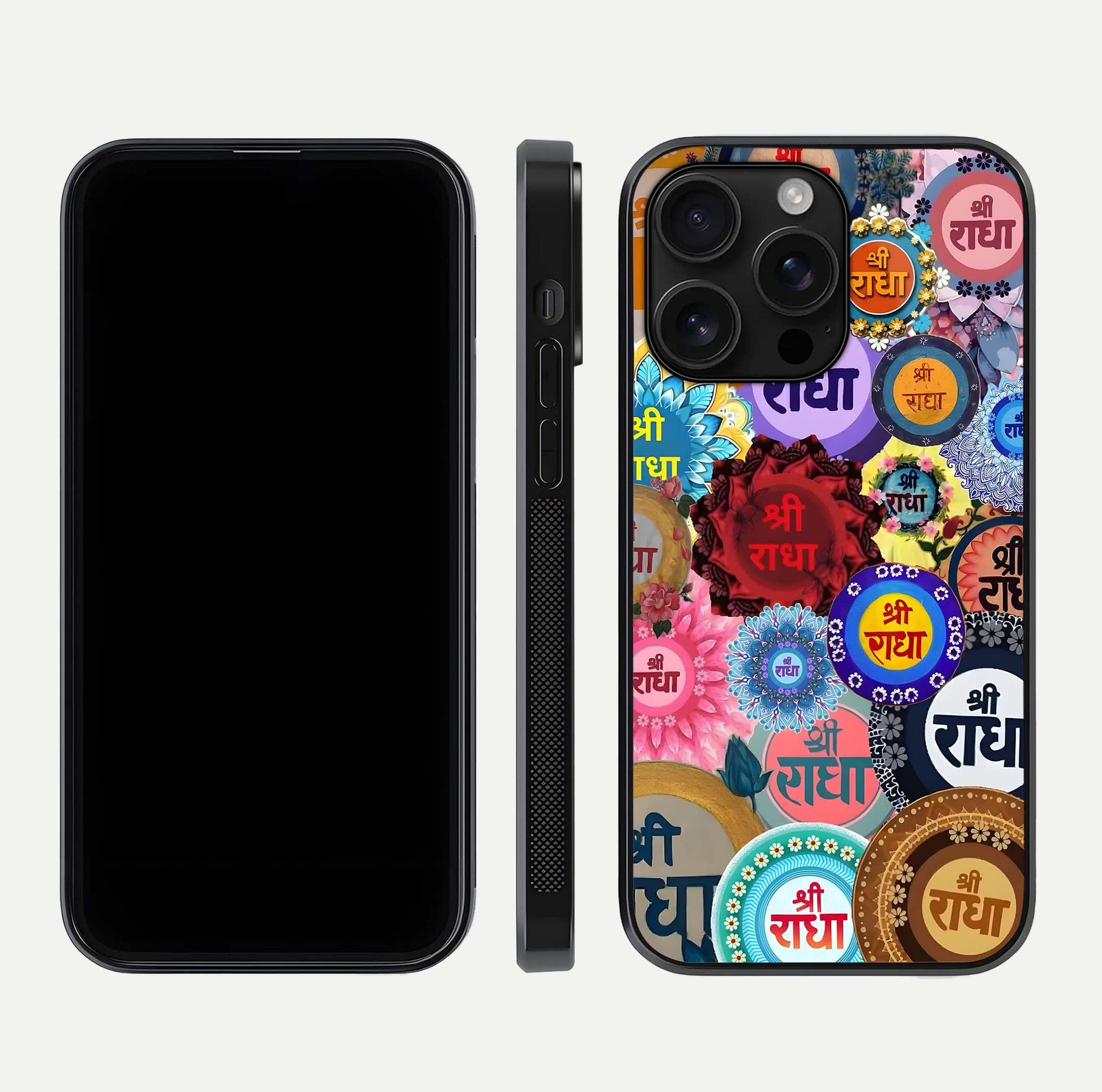 Radha Divine Bloom Glass Case for iPhone 16 Pro Max front & back layout showing spiritual tones and elegant edges
