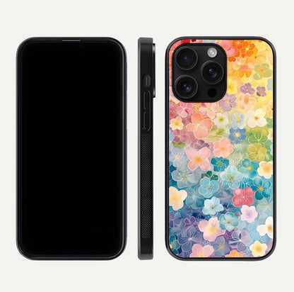 Rainbow Blossom Burst Glass Case for iPhone 16 Pro Max front & back layout showing bright tones and edge finish