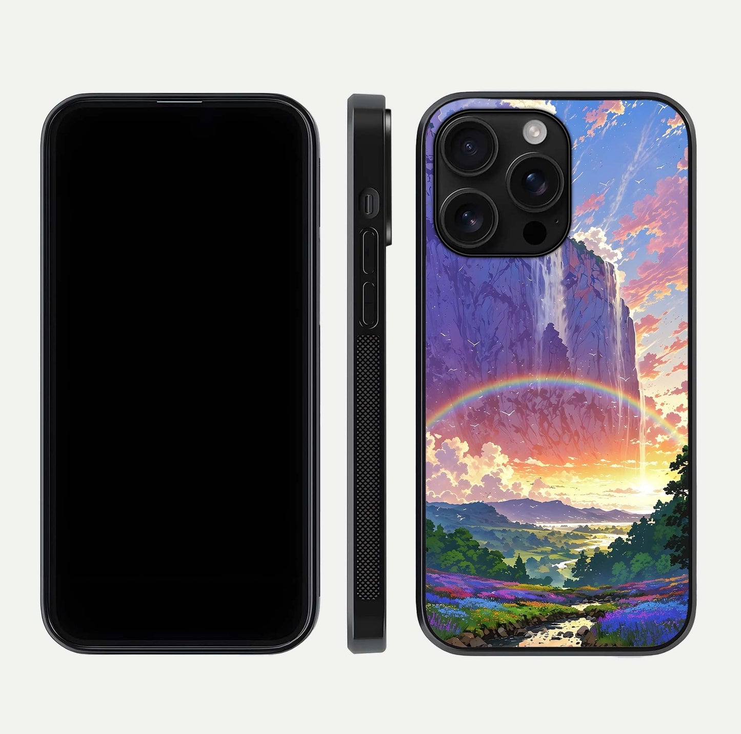 Rainbow Valley Dream Glass Case for iPhone 16 Pro Max front & back layout showing smooth color blend and curved edge