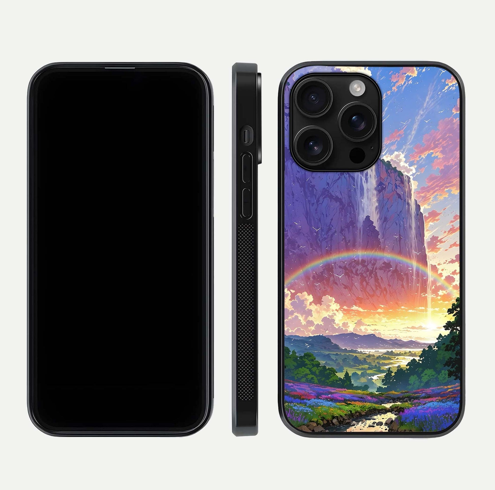Rainbow Valley Dream Glass Case for iPhone 16 Pro Max front & back layout showing smooth color blend and curved edge