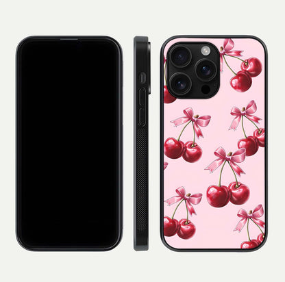 Red Cherries Pattern Glass Case for iPhone 16 Pro Max front & back layout highlighting vibrant fruit print and edges