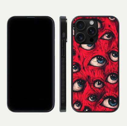 Red Eyes Pattern Glass Case for iPhone 16 Pro Max front & back layout showing sharp edge finish and design depth