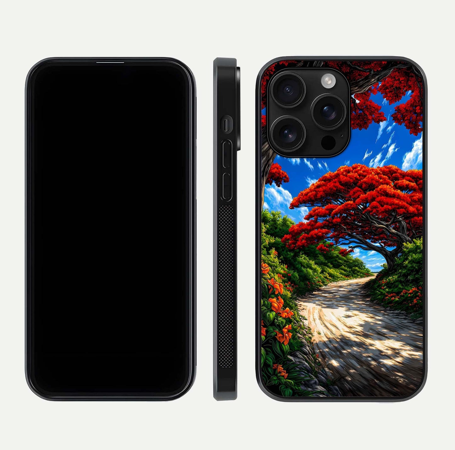 Red Trees Pathway Glass Case for iPhone 16 Pro Max front & back layout showing scenic tone blend and edges