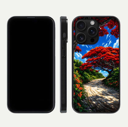 Red Trees Pathway Glass Case for iPhone 16 Pro Max front & back layout showing scenic tone blend and edges