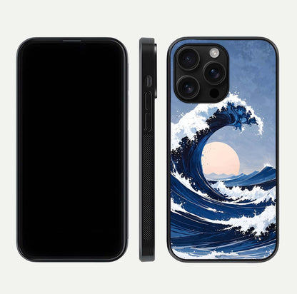 Rising Tide Power Glass Case for iPhone 16 Pro Max front & back layout showing ocean design and smooth glass edge