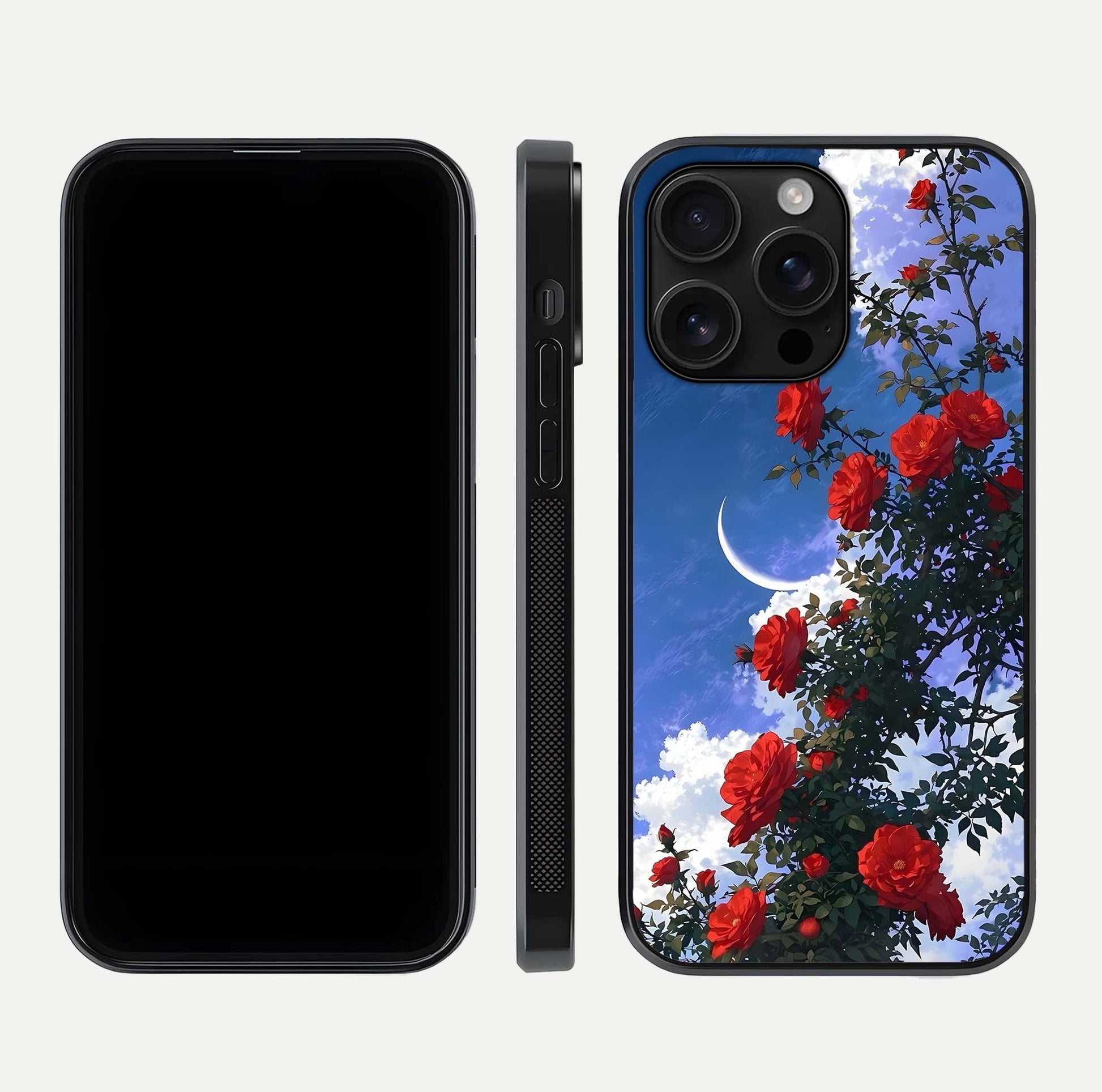 Rose Drift Flowers Glass Case for iPhone 16 Pro Max front & back layout showing rose gradient tones and edges