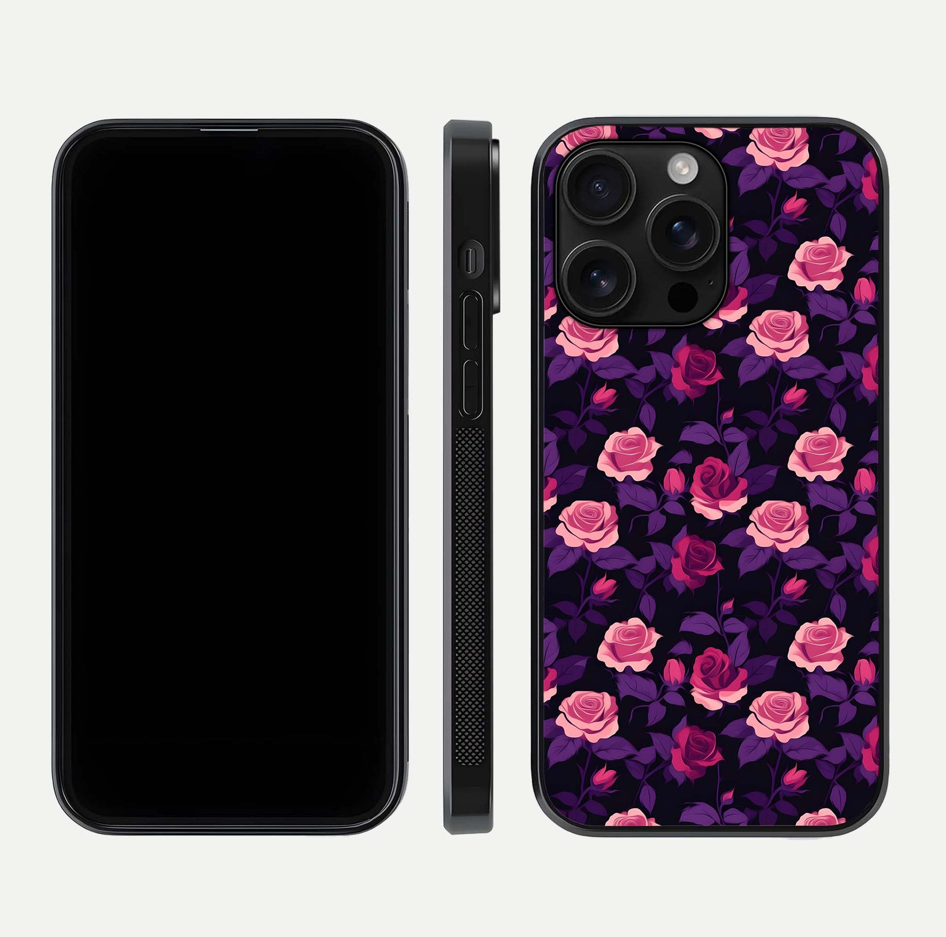 Rose Garden Twilight Glass Case for iPhone 16 Pro Max front & back layout showing rich twilight tones and edges