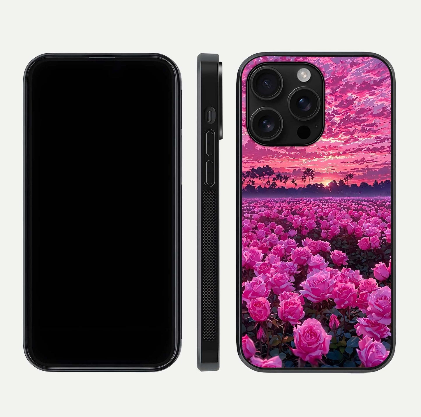 Rose Sunset Valley Glass Case for iPhone 16 Pro Max front & back layout highlighting gradient tones and glass shine