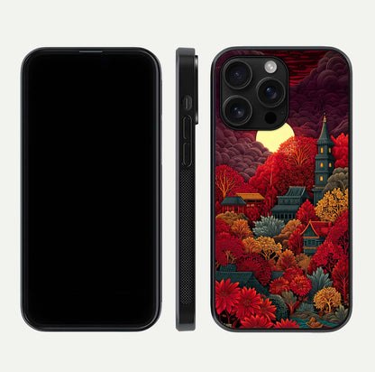 Scarlet Autumn Temple Glass Case for iPhone 16 Pro Max front & back layout showing scenic tones and curved edges