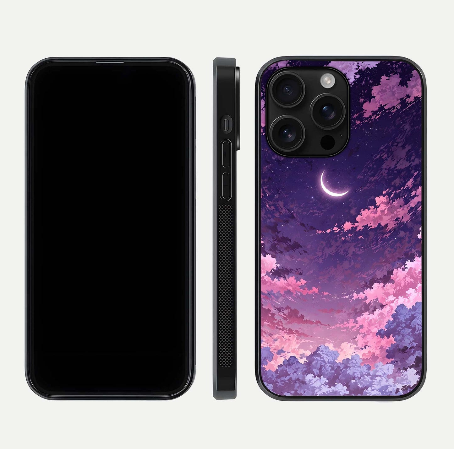 Sky Drift Clouds Glass Case for iPhone 16 Pro Max front & back layout showing sky tones and smooth edge design