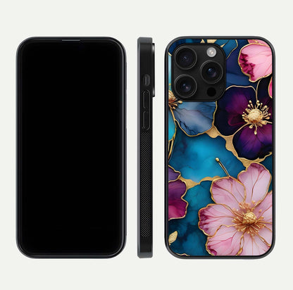 Sparkle Floral Glass Case for iPhone 16 Pro Max front & back layout showing floral print and edge clarity