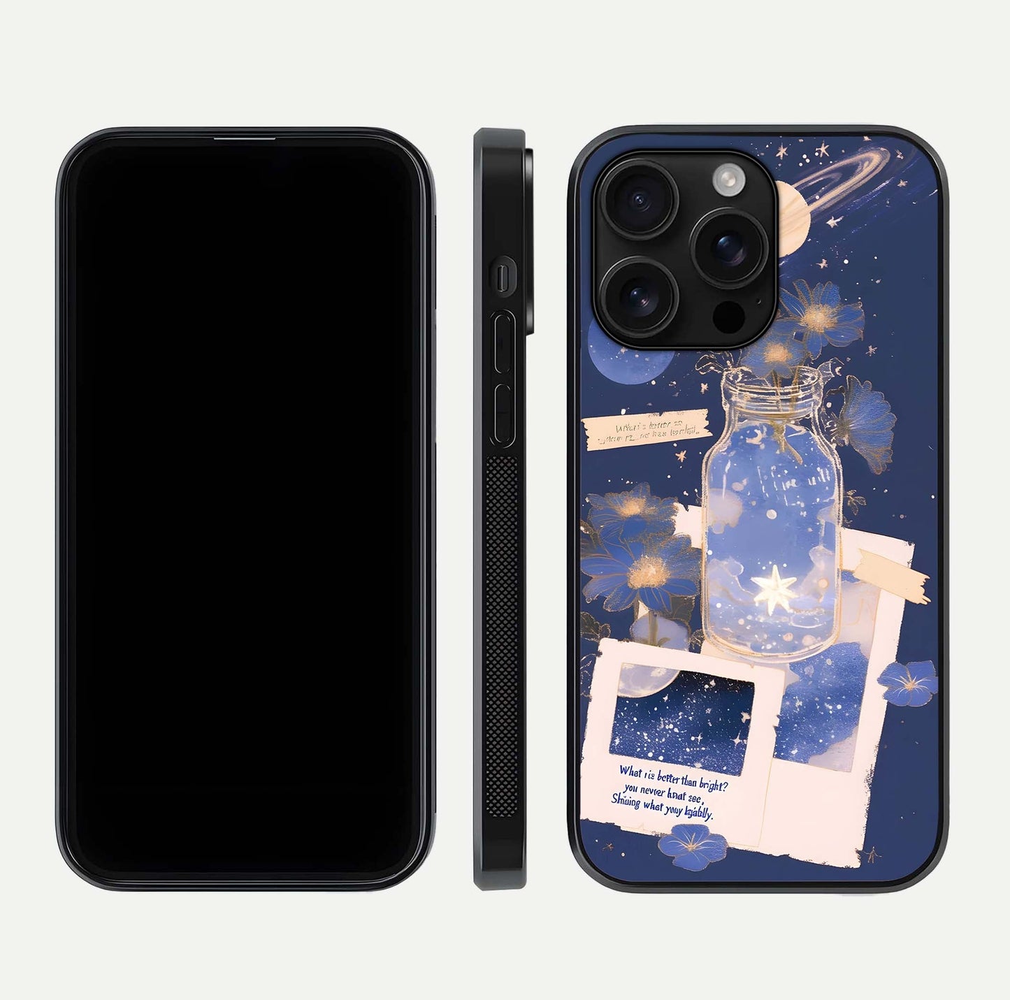 Starlit Cosmic Jar Glass Case for iPhone 16 Pro Max front & back layout showing cosmic pattern and curved glass edge