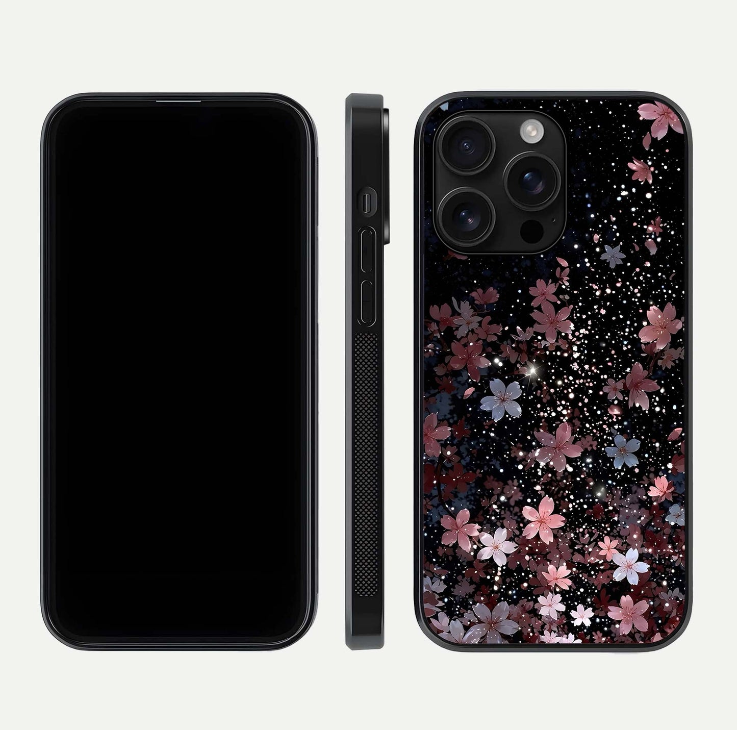 Starlit Flower Dreams Glass Case for iPhone 16 Pro Max front & back layout showing soft bloom design and curved edge