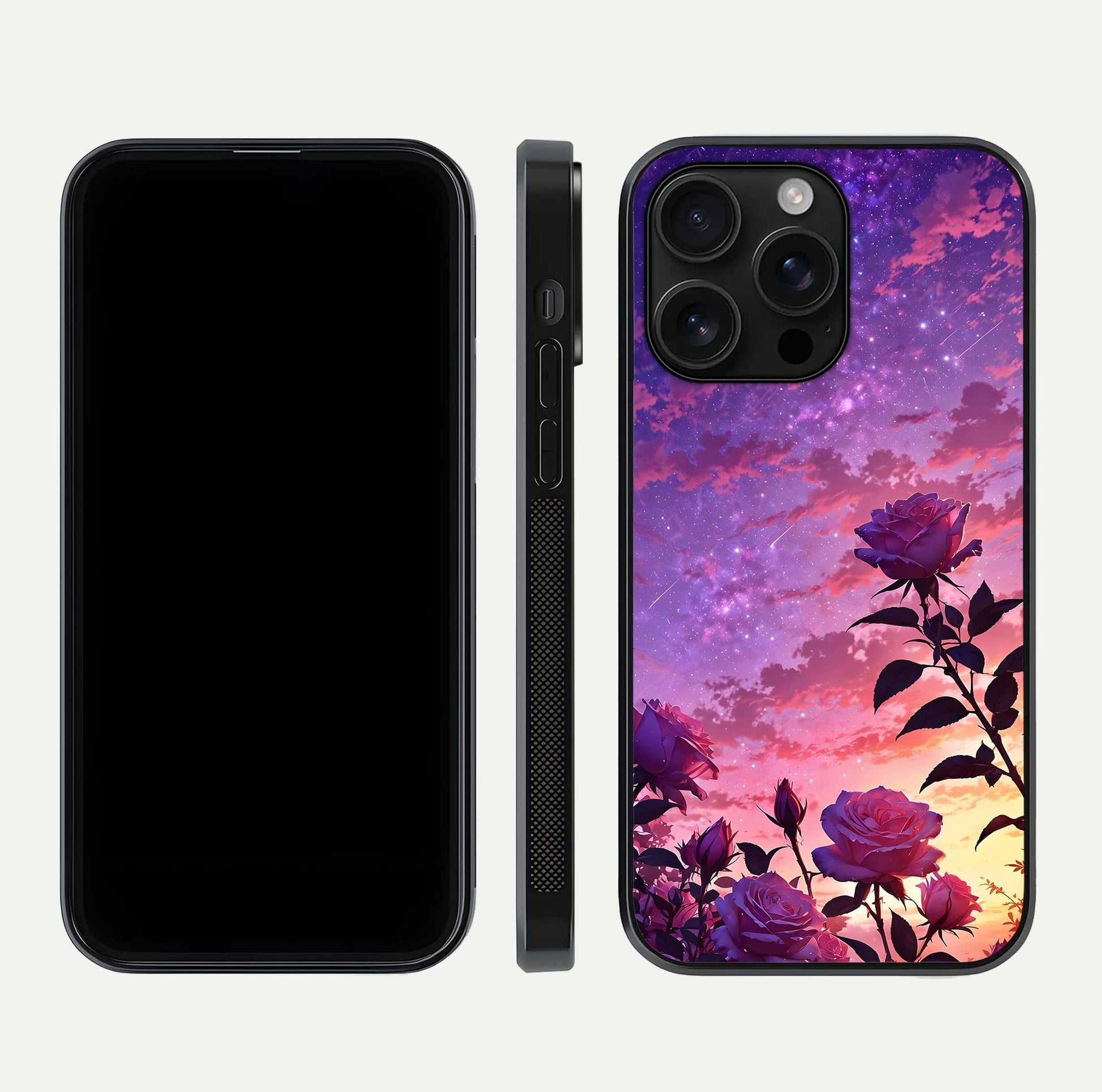 Starlit Rose Twilight Glass Case for iPhone 16 Pro Max front & back layout showing floral blend and glossy edge