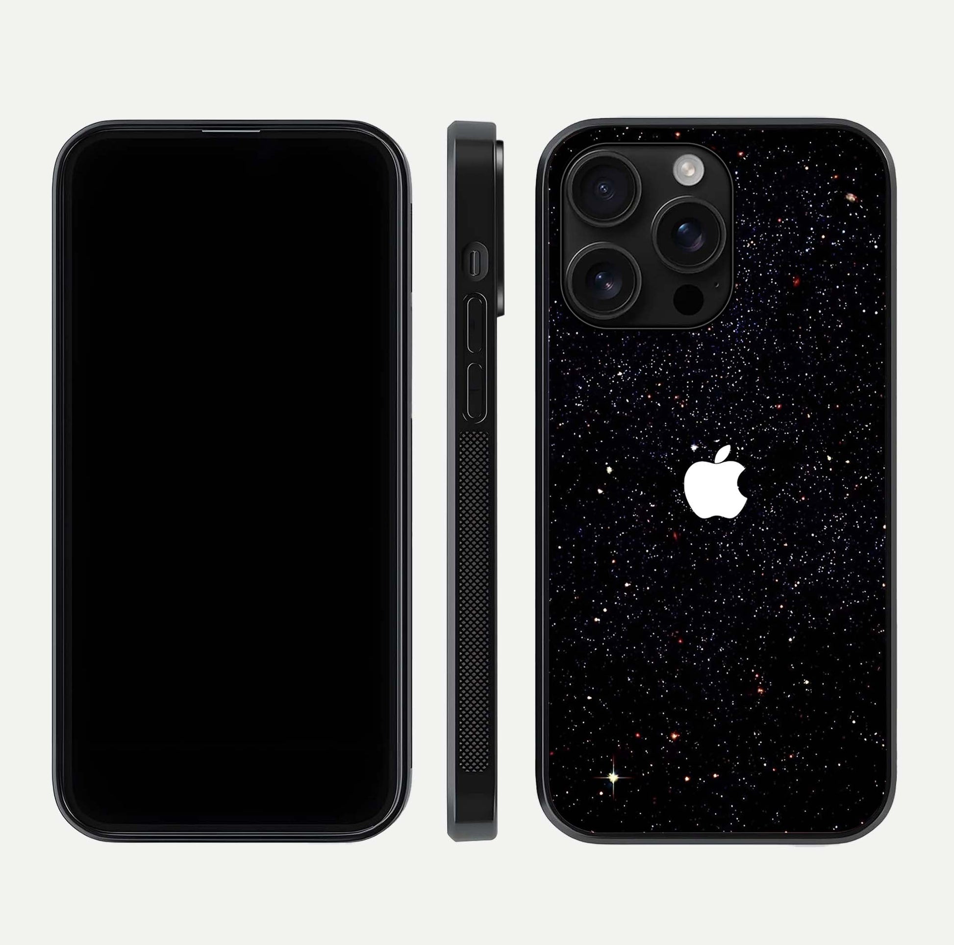 Starry Apple Galaxy Glass Case for iPhone 16 Pro Max front & back layout showing cosmic tones and sleek edge