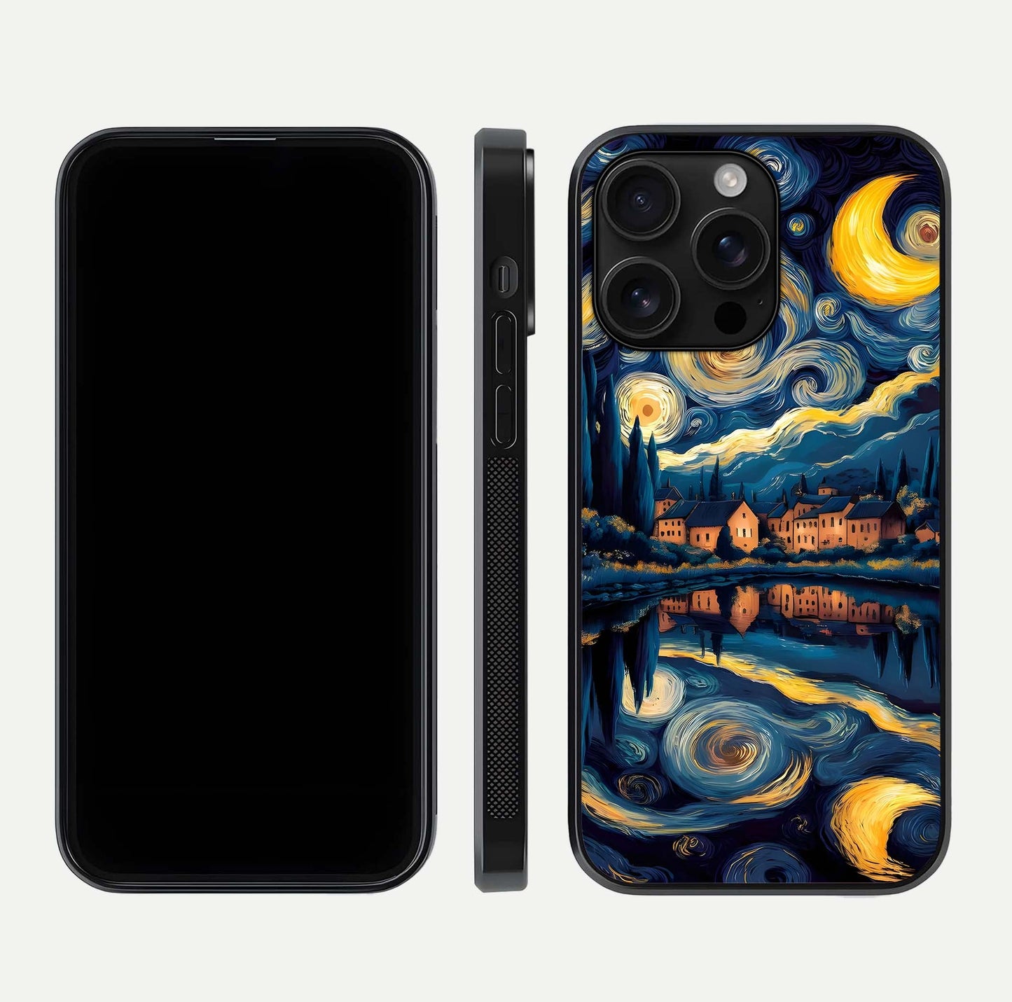 Starry Sky Serenity Glass Case for iPhone 16 Pro Max front & back layout showing stars and curved glass edges