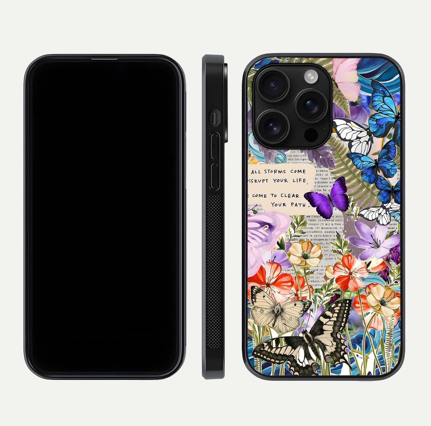 Storm Path Bloom Glass Case for iPhone 16 Pro Max front & back layout showing moody floral blend and edges
